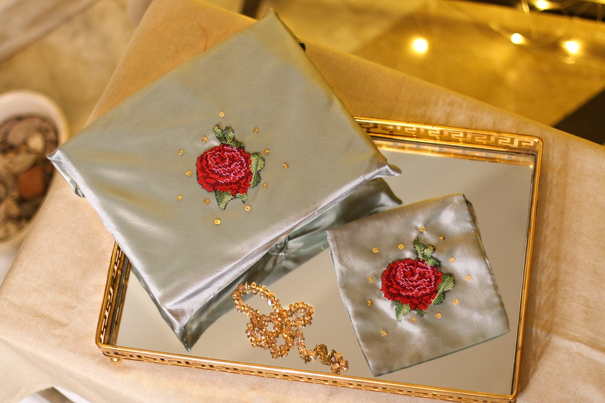 Set of 2 Luxury Silver Grey Silk QC008 Quran Cover & Tasbeeh Cover