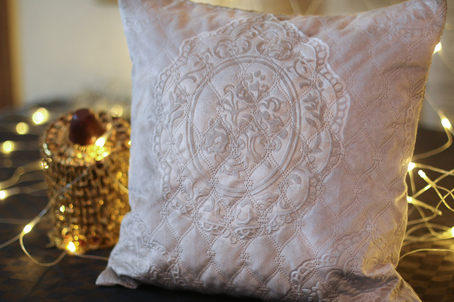 Quilted Emboss Motif Cream Off-White C-103 Velvet Cushion Cover