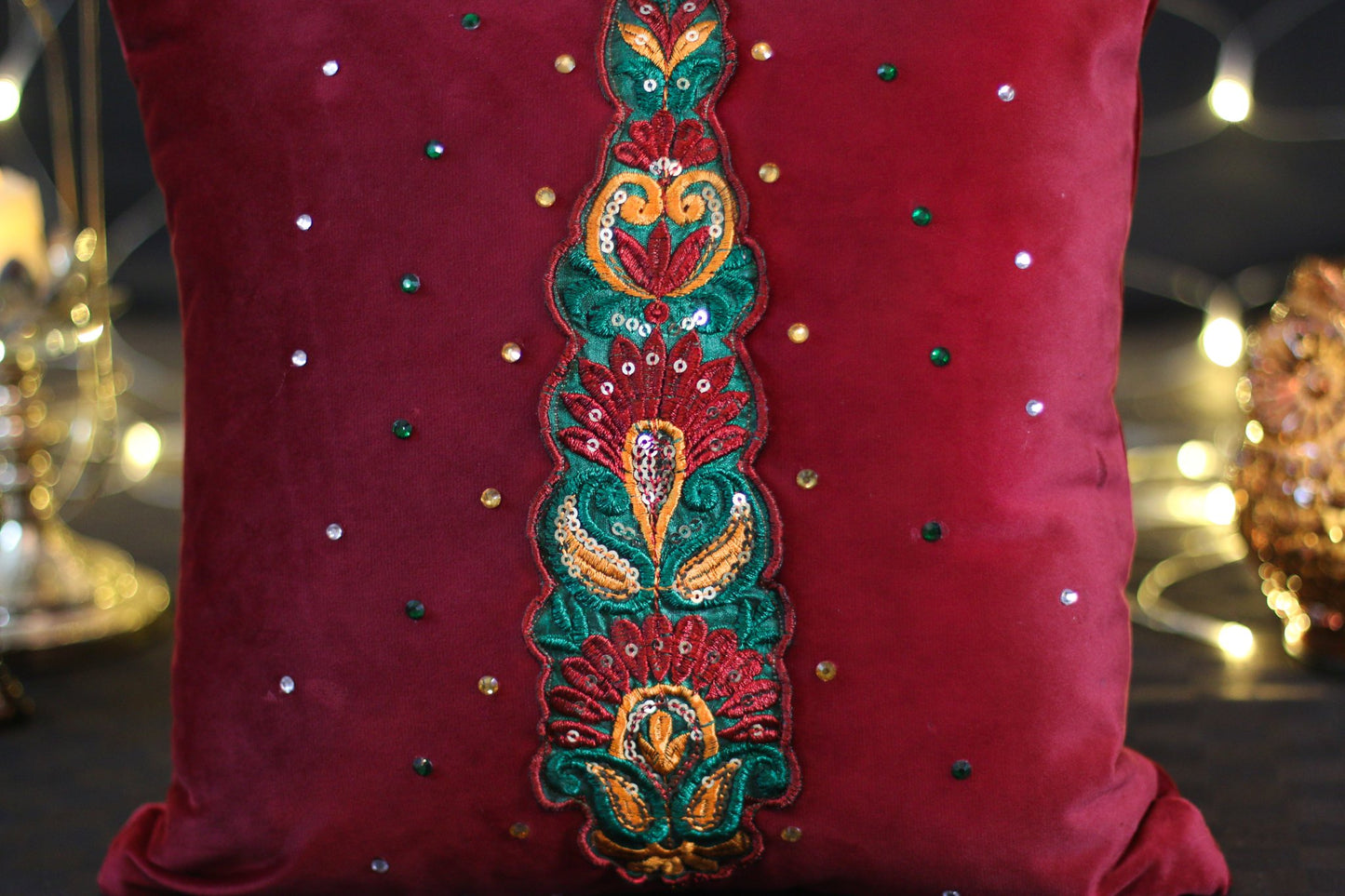 Fancy Traditional Motif C-091 Maroon Velvet Cushion Cover