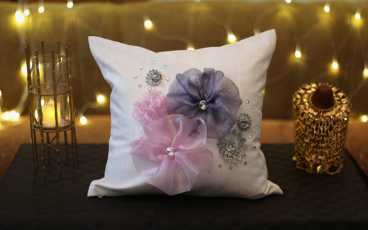 Silk Embellishment C-047 White Cushion Cover