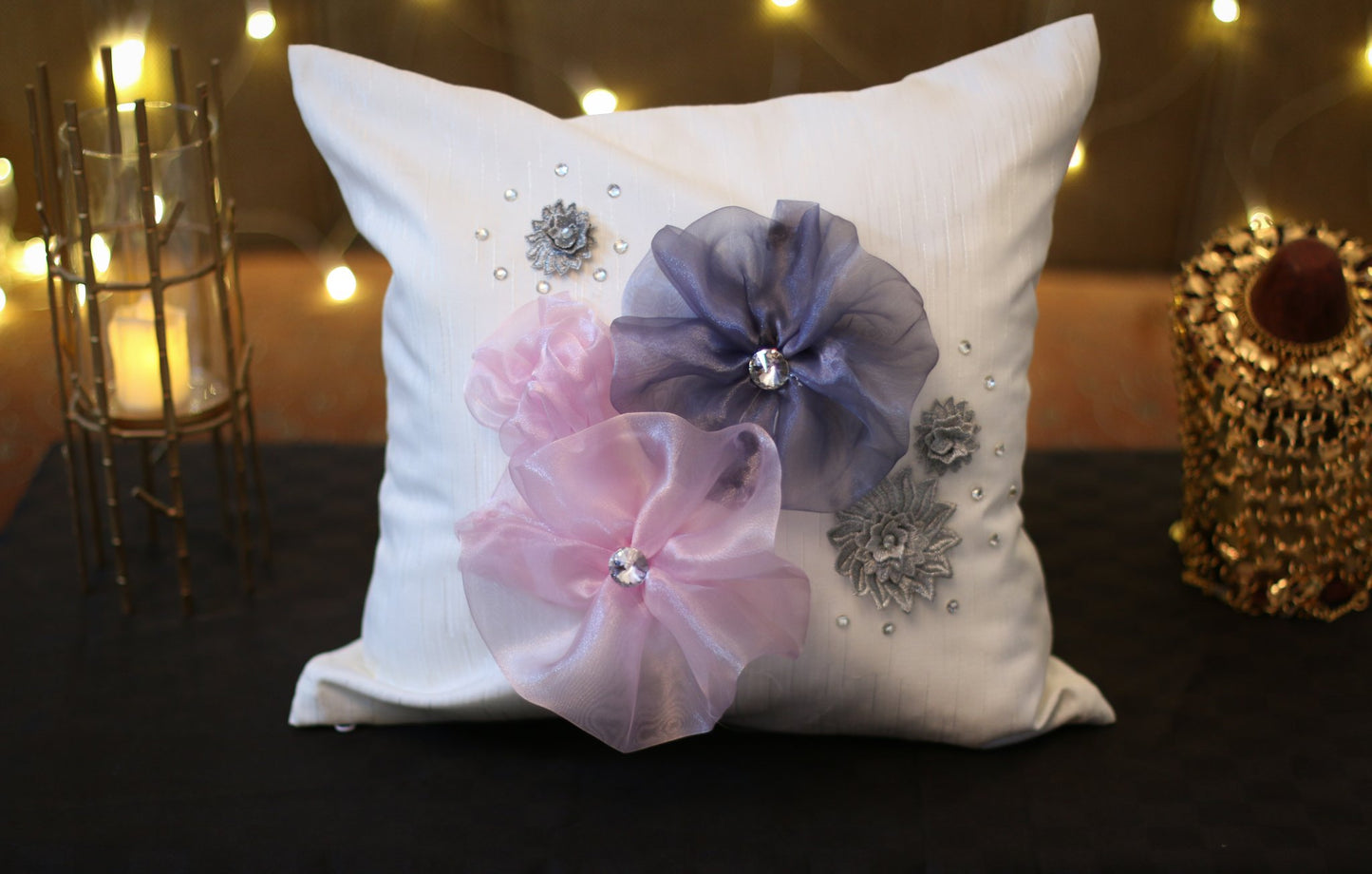 Silk Embellishment C-047 White Cushion Cover