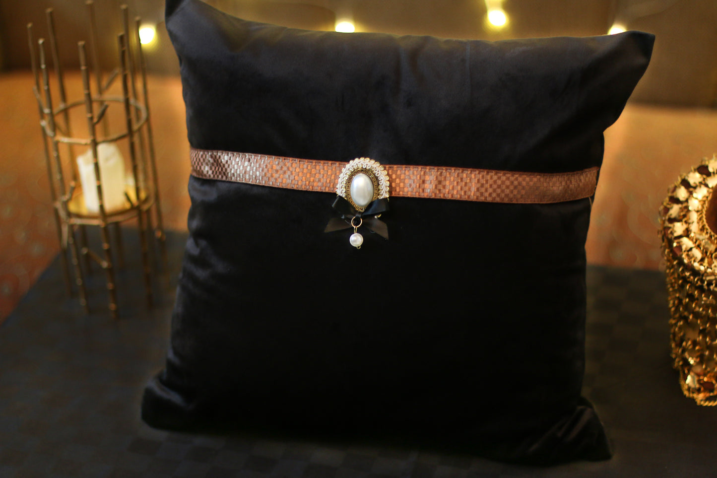 Buckle with Check Brown C-053 Black Cushion Cover