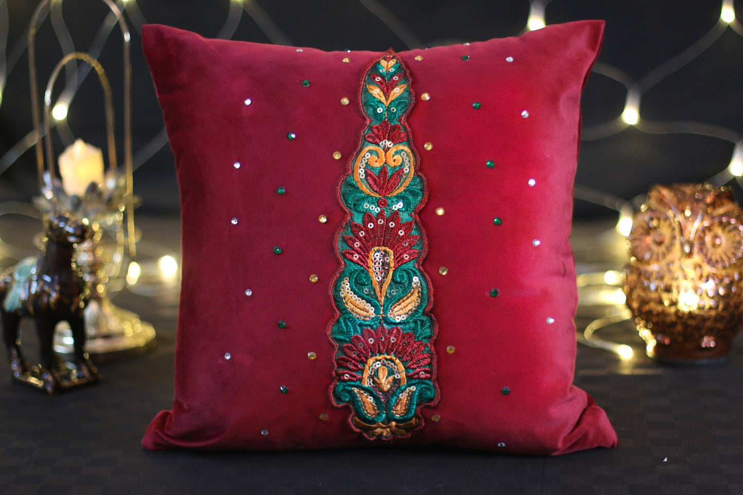 Fancy Traditional Motif C-091 Maroon Velvet Cushion Cover