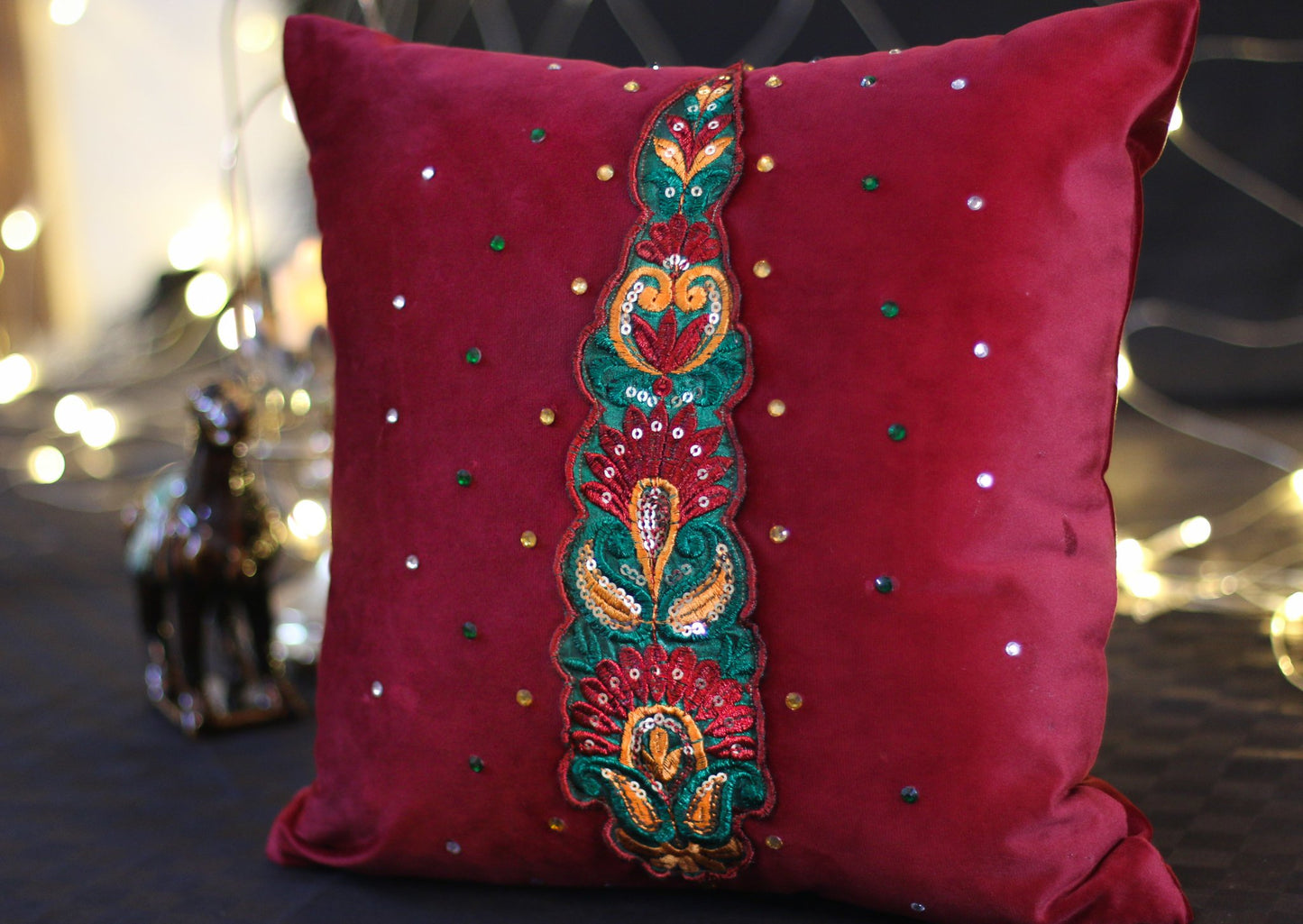 Fancy Traditional Motif C-091 Maroon Velvet Cushion Cover